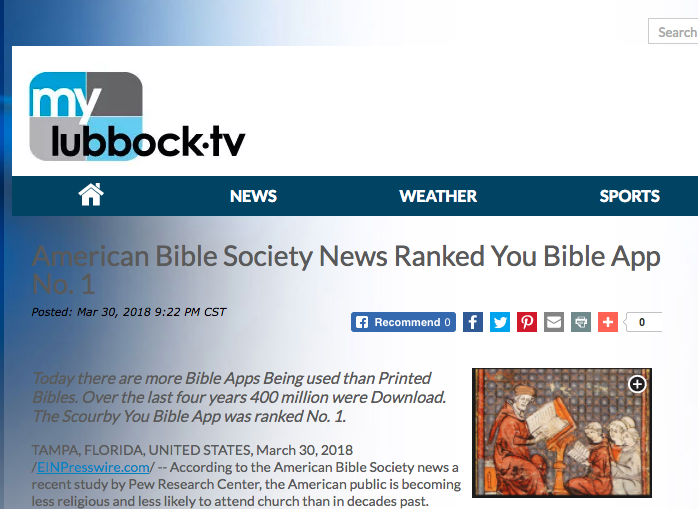 MyLubbockTV says: American Bible Society News Ranked You Bible App No. 1