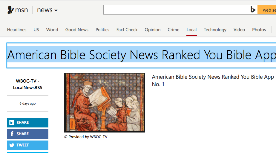 msn.com says: American Bible Society News Ranked You Bible App No. 1