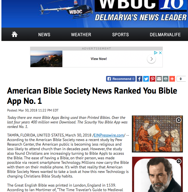 wboc.com says: American Bible Society News Ranked You Bible App No. 1